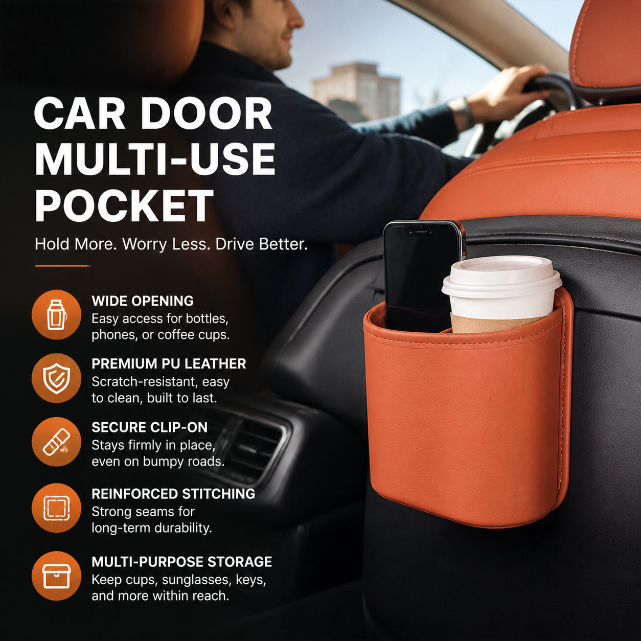 🚗🧺 50% OFF! Leather Car Door Cup Holder – Wide‑mouth opening, easy reach for drinks & phone