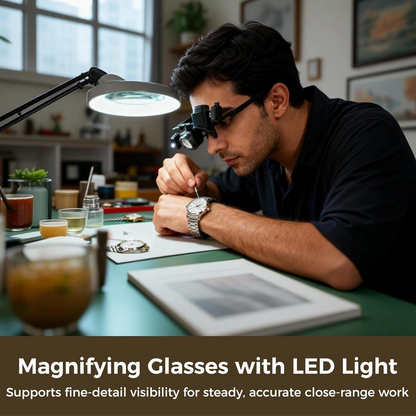 Precision LED Magnifier Glasses – Interchangeable Lenses, Dual LED, Hands-Free 💡