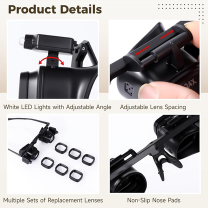 Precision LED Magnifier Glasses – Interchangeable Lenses, Dual LED, Hands-Free 💡